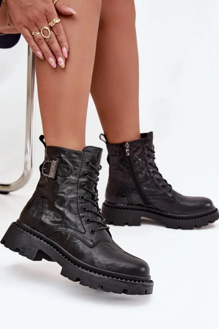 Skórzane Botki Damskie Z Efektem Marszczenia I Klamrą Artiker 57C1008 Czarne