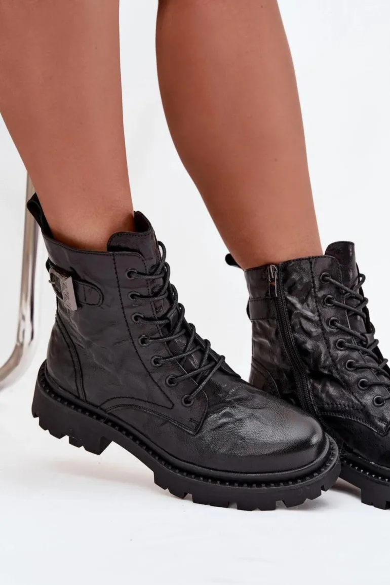 Skórzane Botki Damskie Z Efektem Marszczenia I Klamrą Artiker 57C1008 Czarne