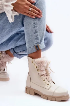 Skórzane Botki Damskie Z Futerkiem Jasnobeżowe Lewski 3296