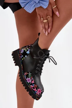 Skórzane Botki Damskie Z Kwiatkami Ocieplane Artiker 57C0180 Czarne