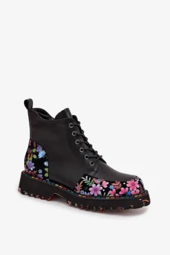 Skórzane Botki Damskie Z Kwiatkami Ocieplane Artiker 57C0180 Czarne