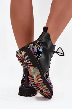 Skórzane Botki Damskie Z Kwiatkami Ocieplane Artiker 57C0180 Czarne