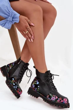 Skórzane Botki Damskie Z Kwiatkami Ocieplane Artiker 57C0180 Czarne