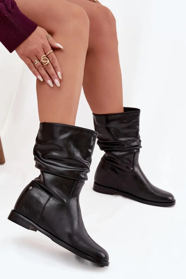Skórzane Botki Damskie Z Marszczeniem Ocieplane Maciejka K7211-01 Czarne