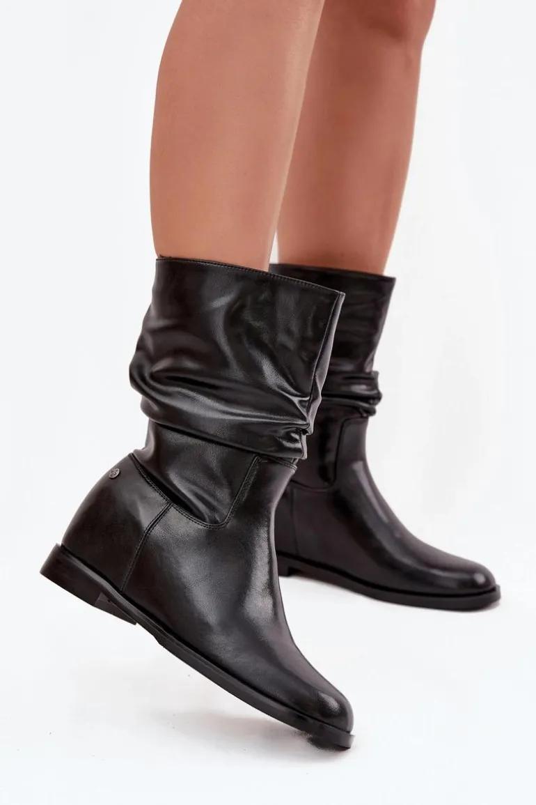 Skórzane Botki Damskie Z Marszczeniem Ocieplane Maciejka K7211-01 Czarne