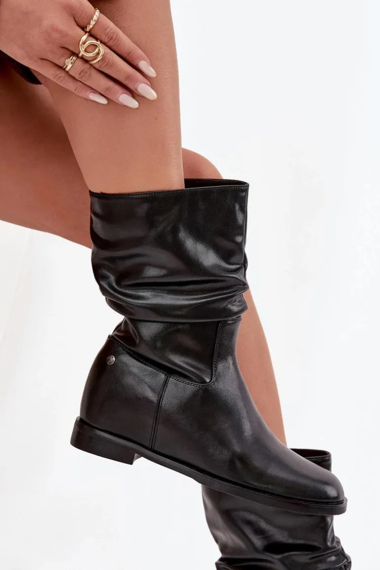 Skórzane Botki Damskie Z Marszczeniem Ocieplane Maciejka K7211-01 Czarne