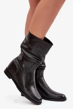 Skórzane Botki Damskie Z Marszczeniem Ocieplane Maciejka K7211-01 Czarne