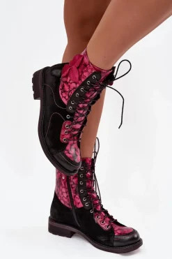 Skórzane Botki Damskie Z Naturalnej Skóry Na Płaskim Obcasie Maciejka 07004-23 Czarno-Różowe