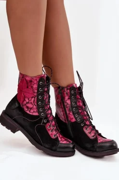 Skórzane Botki Damskie Z Naturalnej Skóry Na Płaskim Obcasie Maciejka 07004-23 Czarno-Różowe