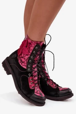 Skórzane Botki Damskie Z Naturalnej Skóry Na Płaskim Obcasie Maciejka 07004-23 Czarno-Różowe