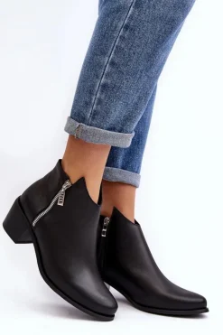 Skórzane Botki Damskie Z Niską Cholewką Na Słupku Z Suwakami Czarne Annaja