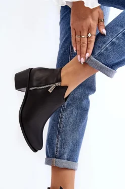 Skórzane Botki Damskie Z Niską Cholewką Na Słupku Z Suwakami Czarne Annaja