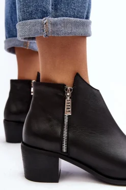 Skórzane Botki Damskie Z Niską Cholewką Na Słupku Z Suwakami Czarne Annaja