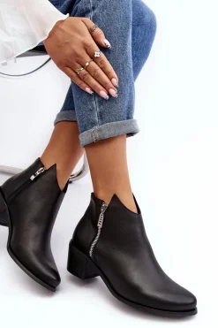Skórzane Botki Damskie Z Niską Cholewką Na Słupku Z Suwakami Czarne Annaja