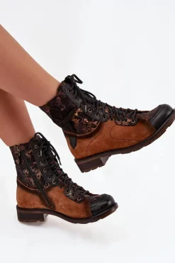 Skórzane Botki Damskie Z Naturalnej Skóry Na Płaskim Obcasie Maciejka 07004-29 Camel