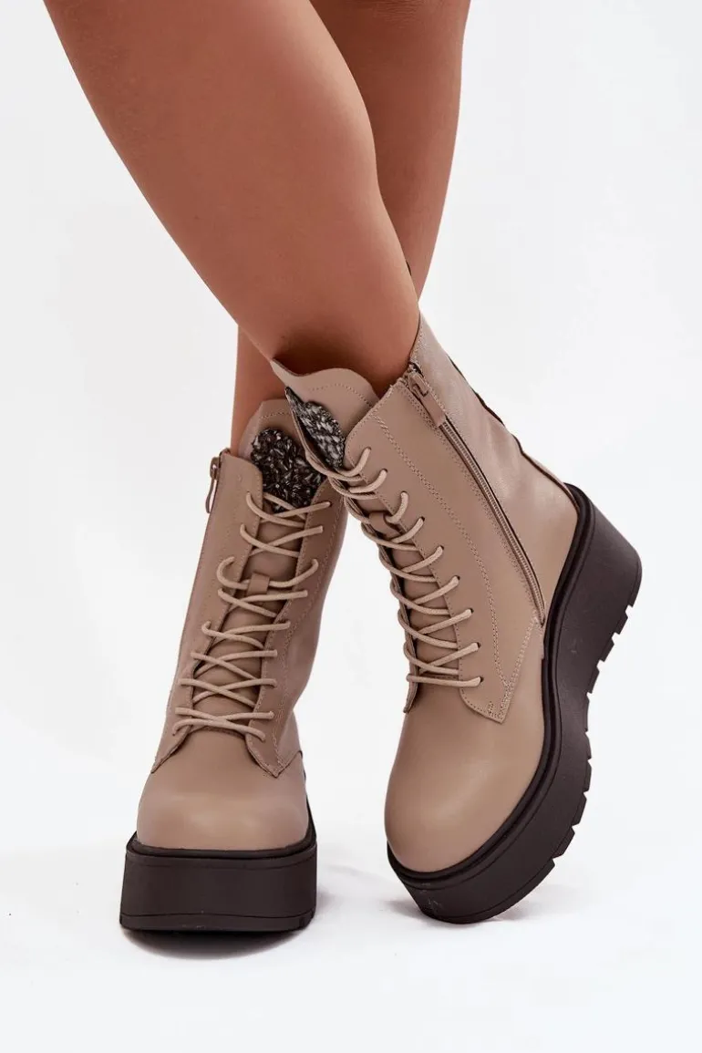 Skórzane Botki Damskie Z Ozdobą Ocieplane Beżowe Ulrika