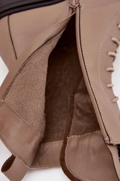 Skórzane Botki Damskie Z Ozdobą Ocieplane Beżowe Ulrika