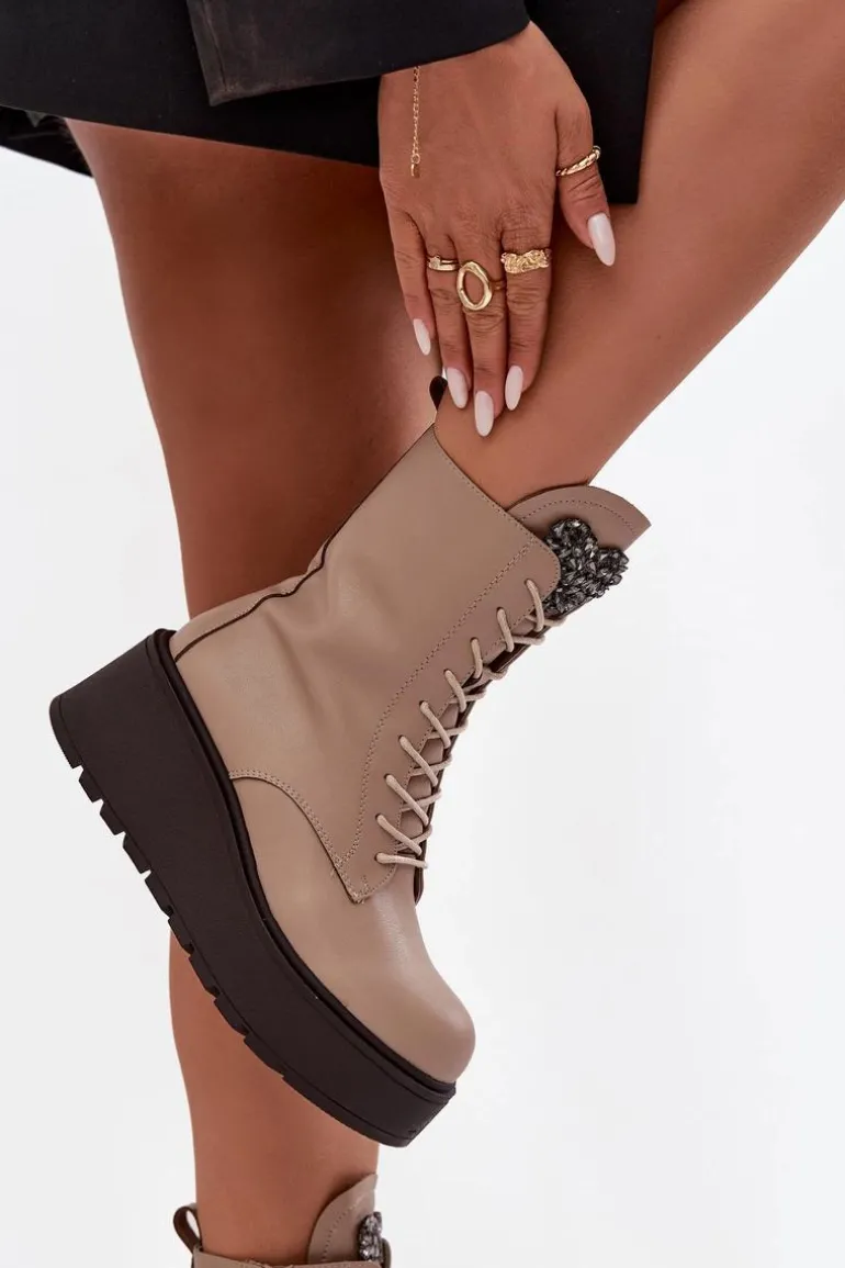 Skórzane Botki Damskie Z Ozdobą Ocieplane Beżowe Ulrika