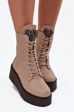 Skórzane Botki Damskie Z Ozdobą Ocieplane Beżowe Ulrika