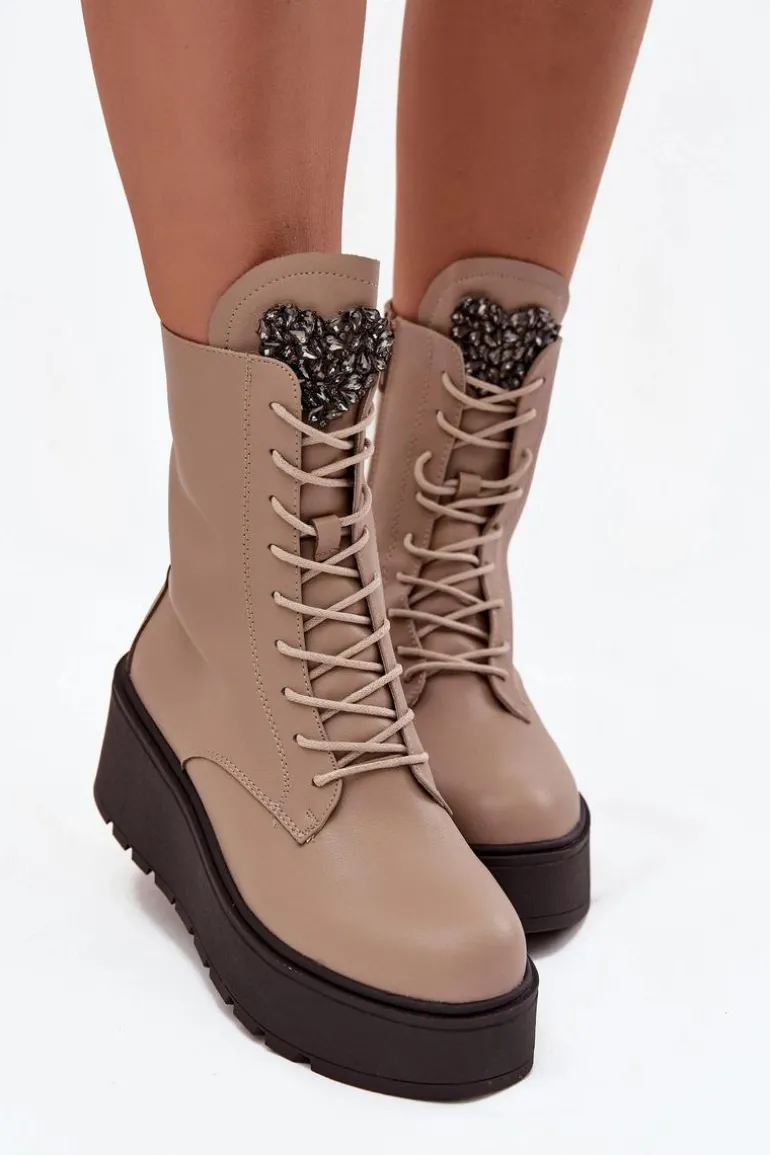 Skórzane Botki Damskie Z Ozdobą Ocieplane Beżowe Ulrika