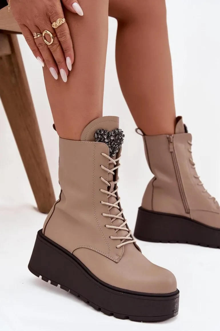 Skórzane Botki Damskie Z Ozdobą Ocieplane Beżowe Ulrika