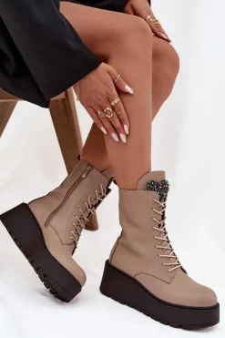 Skórzane Botki Damskie Z Ozdobą Ocieplane Beżowe Ulrika