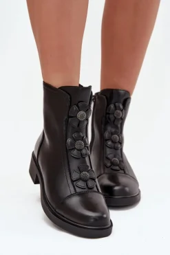 Skórzane Botki Damskie Z Ozdobnymi Kwiatkami Ocieplane Czarne Belverine