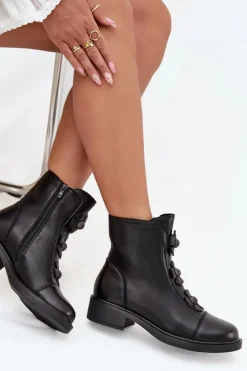 Skórzane Botki Damskie Z Ozdobnymi Kwiatkami Ocieplane Czarne Belverine