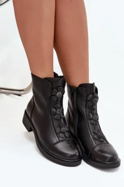 Skórzane Botki Damskie Z Ozdobnymi Kwiatkami Ocieplane Czarne Belverine