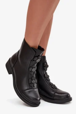 Skórzane Botki Damskie Z Ozdobnymi Kwiatkami Ocieplane Czarne Belverine