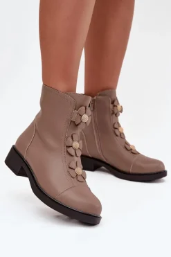 Skórzane Botki Damskie Z Ozdobnymi Kwiatkami Ocieplane Beżowe Belverine