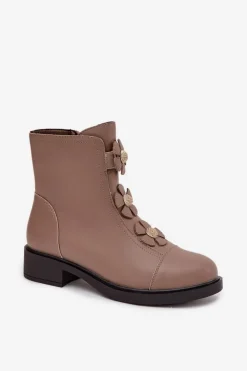 Skórzane Botki Damskie Z Ozdobnymi Kwiatkami Ocieplane Beżowe Belverine