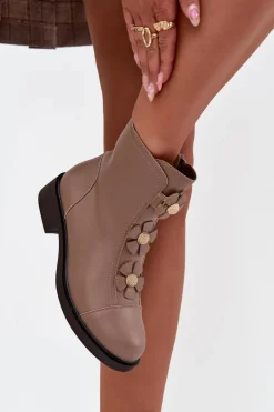 Skórzane Botki Damskie Z Ozdobnymi Kwiatkami Ocieplane Beżowe Belverine