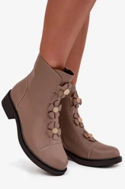 Skórzane Botki Damskie Z Ozdobnymi Kwiatkami Ocieplane Beżowe Belverine