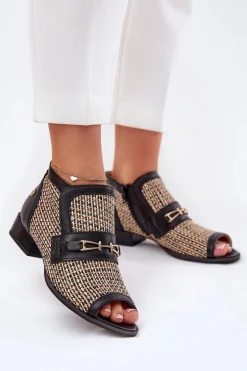 Skórzane Botki Damskie Z Odkrytymi Palcami Maciejka 06934-39/00-1 Czarno-Beżowe