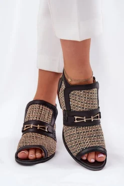 Skórzane Botki Damskie Z Odkrytymi Palcami Maciejka 06934-39/00-1 Czarno-Beżowe