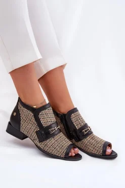 Skórzane Botki Damskie Z Odkrytymi Palcami Maciejka 06934-39/00-1 Czarno-Beżowe