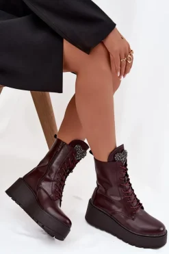 Skórzane Botki Damskie Z Ozdobą Ocieplane Bordowe Ulrika