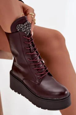 Skórzane Botki Damskie Z Ozdobą Ocieplane Bordowe Ulrika