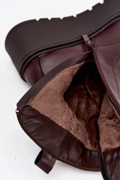 Skórzane Botki Damskie Z Ozdobą Ocieplane Bordowe Ulrika