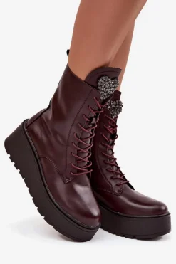Skórzane Botki Damskie Z Ozdobą Ocieplane Bordowe Ulrika
