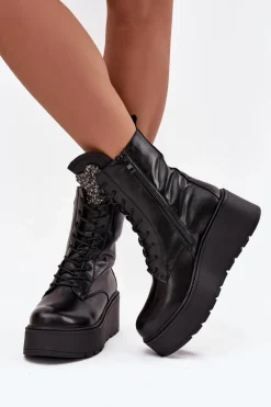 Skórzane Botki Damskie Z Ozdobą Ocieplane Czarne Ulrika