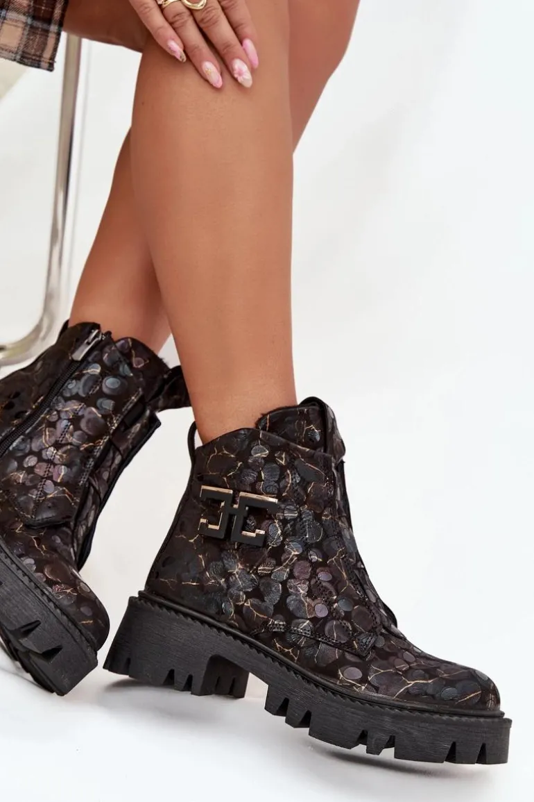 Skórzane Botki Damskie Z Ozdobą Ocieplane Artiker 57C2084 Czarno-Złote