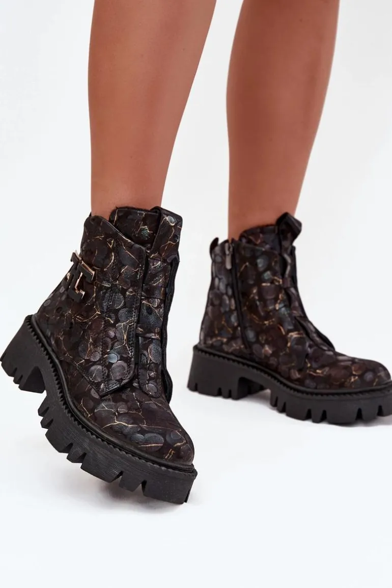 Skórzane Botki Damskie Z Ozdobą Ocieplane Artiker 57C2084 Czarno-Złote