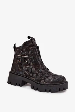 Skórzane Botki Damskie Z Ozdobą Ocieplane Artiker 57C2084 Czarno-Złote