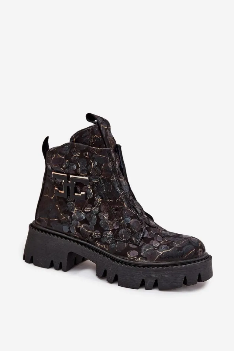 Skórzane Botki Damskie Z Ozdobą Ocieplane Artiker 57C2084 Czarno-Złote