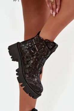 Skórzane Botki Damskie Z Ozdobą Ocieplane Artiker 57C2084 Czarno-Złote