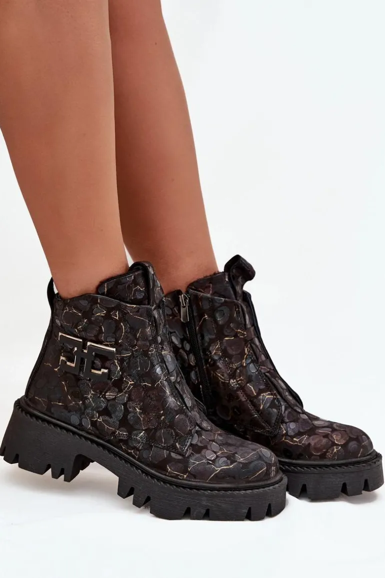 Skórzane Botki Damskie Z Ozdobą Ocieplane Artiker 57C2084 Czarno-Złote