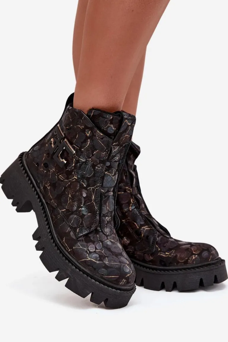 Skórzane Botki Damskie Z Ozdobą Ocieplane Artiker 57C2084 Czarno-Złote