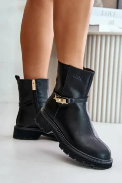 Skórzane Botki Damskie Z Paskiem Ocieplane GOE OO2N4150 Czarne
